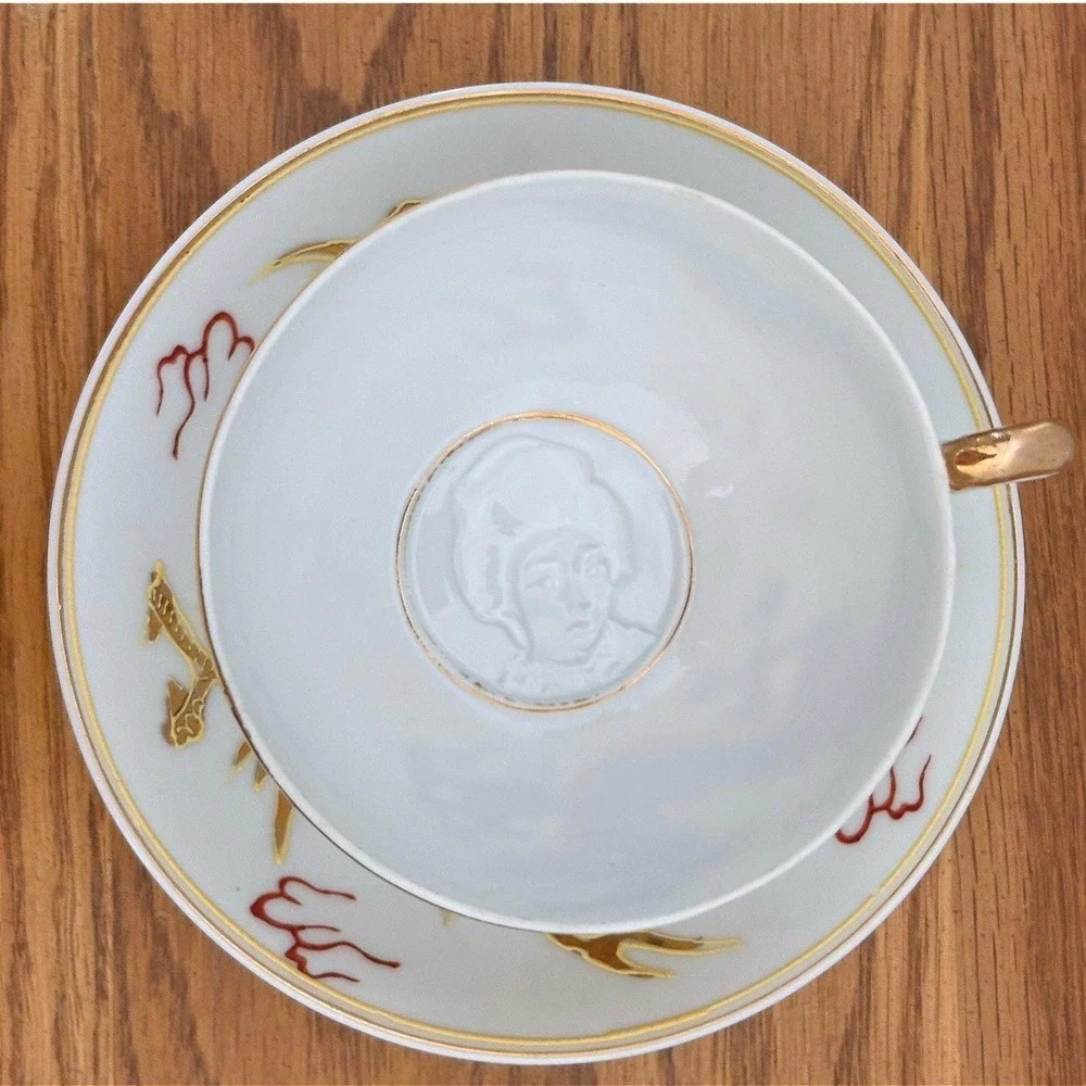Crest Japan‎ Lithophane Tea Cup Saucer Set Gold Moriage Dragon Geisha  Vintage